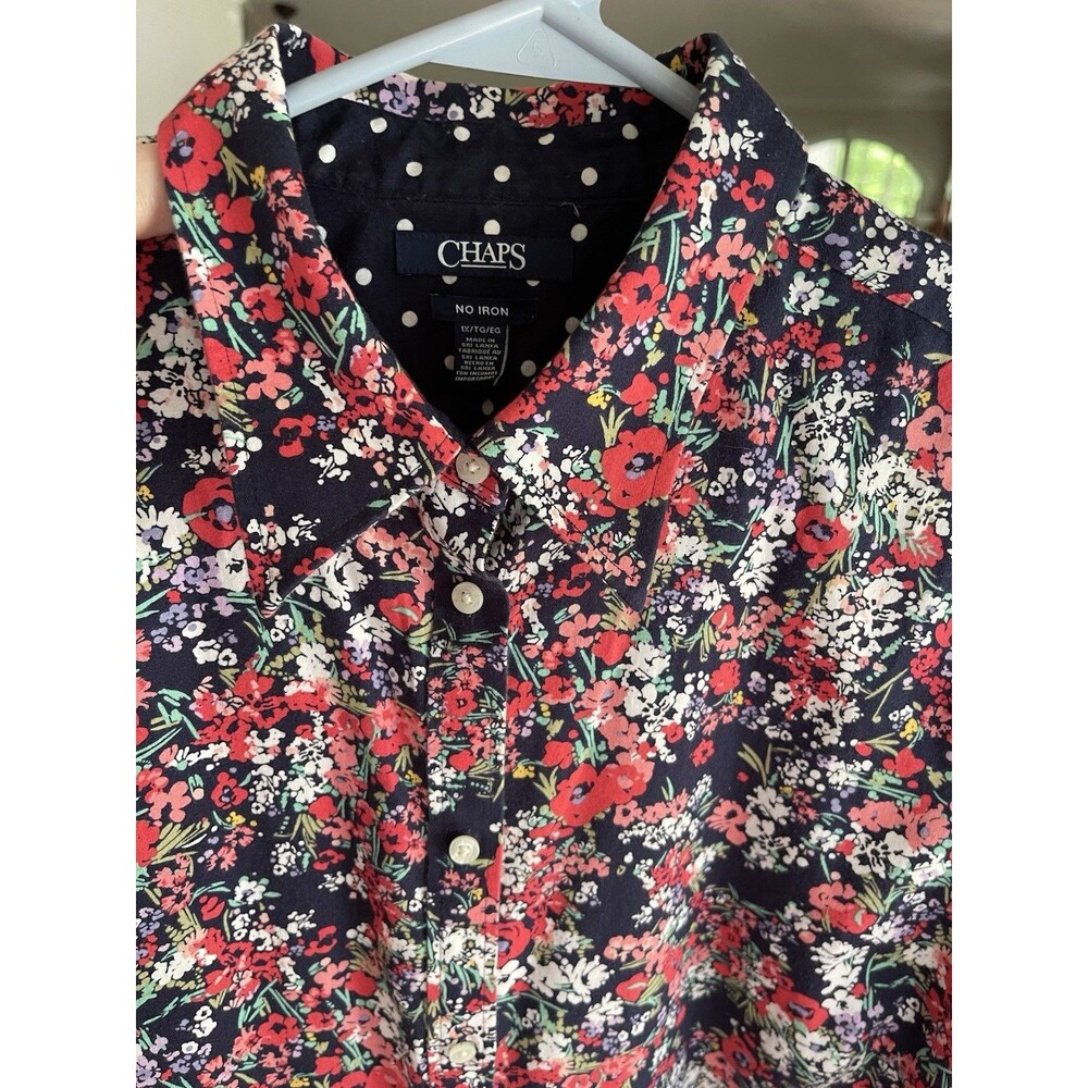 Chaps No Iron Button Up Shirt Navy Pink Ditsy Floral Polka Dot Flip Cuff Size 1X